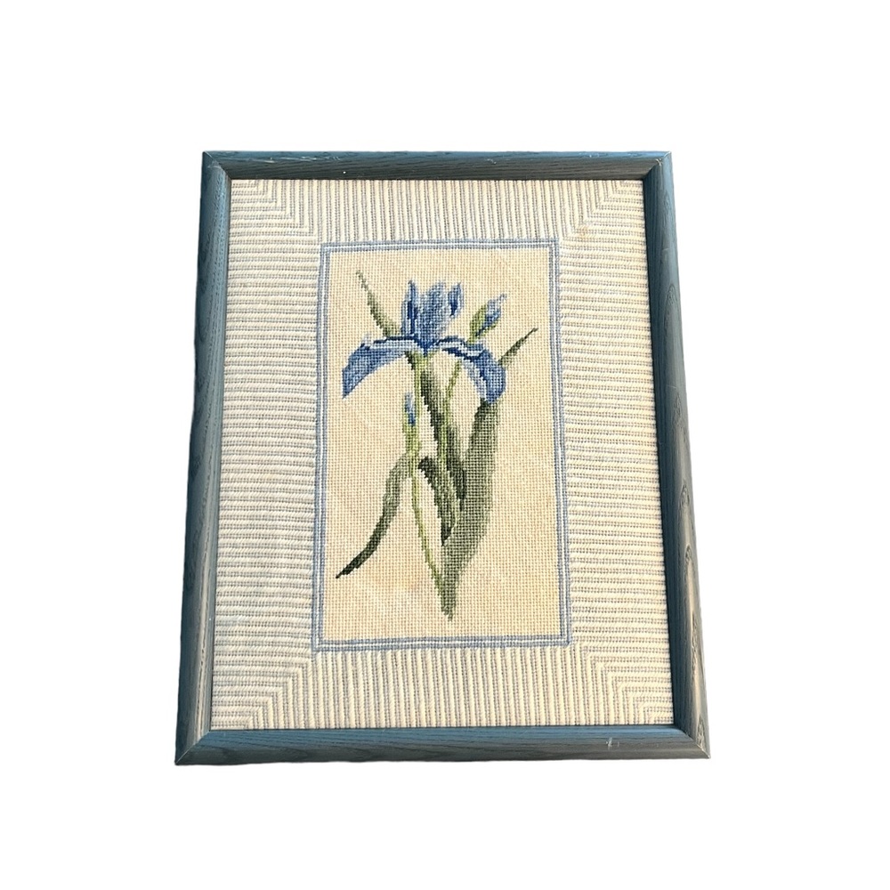 Hand Crafted Blue Iris Needlepoint Wall Art